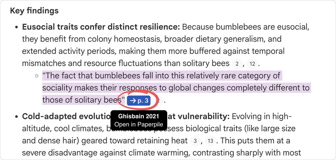 An AI response listing key findings, where a quoted passage ends in a blue “→ p. 3” link with a tooltip reading “Ghisbain 2021 — Open in Paperpile”.